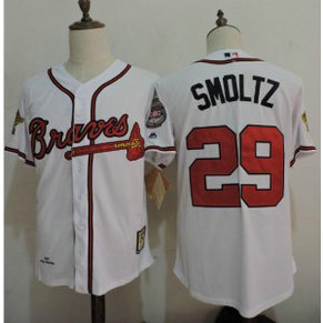 MLB Braves 29 John Smoltz White 1995 World Series With 2015 Hall Of Fame Patch Men Jersey