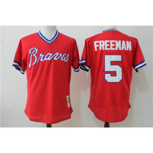 MLB Braves 5 Freddie Freeman Red Mitchell and Ness Throwback Men Jersey