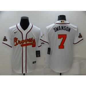 MLB Braves 7 Dansby Swanson 2022 White Gold Nike Cool Base Men Jersey
