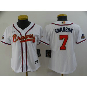 MLB Braves 7 Dansby Swanson 2022 White Gold Nike Cool Base Women Jersey