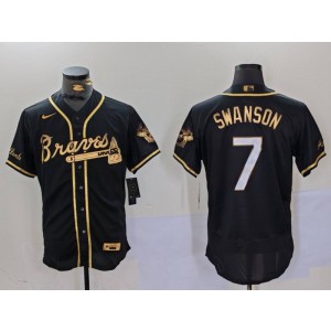 MLB Braves 7 Dansby Swanson Black Gold Nike Cool Base Men Jersey