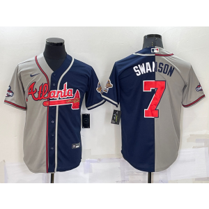 MLB Braves 7 Dansby Swanson Grey Blue Split Nike Cool Base Men Jersey