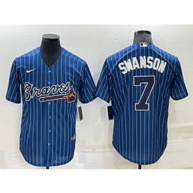 MLB Braves 7 Dansby Swanson Navy Nike Cool Base Men Jersey