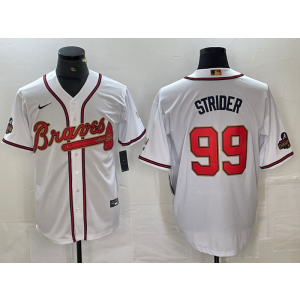 MLB Braves 99 Spencer Strider White Gold Nike Cool Base Men Jersey