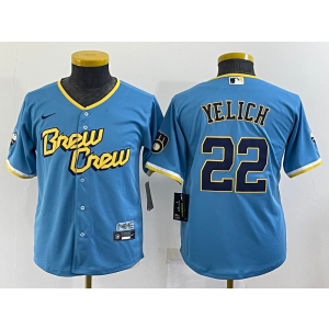MLB Brewers 22 Christian Yelich Powder Blue 2021 City Connect Cool Base Youth Jersey MLB Brewers 22 Christian Yelich Powder Blue 2021 City Connect Cool Base Youth Jersey