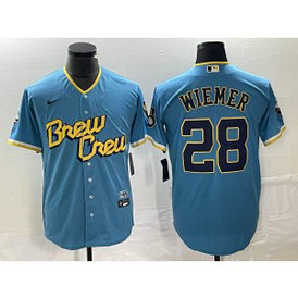 MLB Brewers 28 Joey Wiemer Powder Blue 2021 City Connect Nike Cool Base Men Jersey MLB Brewers 28 Joey Wiemer Powder Blue 2021 City Connect Nike Cool Base Men Jersey
