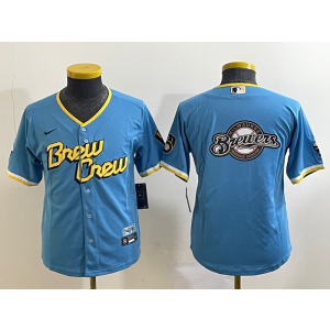 MLB Brewers Blank Blue 2021 City Connect Baseball Logo Nike Cool Base Youth Jersey MLB Brewers Blank Blue 2021 City Connect Baseball Logo Nike Cool Base Youth Jersey