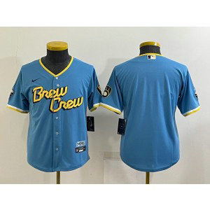 MLB Brewers Blank Powder Blue 2021 City Connect Cool Base Youth Jersey MLB Brewers Blank Powder Blue 2021 City Connect Cool Base Youth Jersey