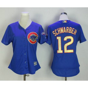 MLB Cubs 12 Kyle Schwarber Blue World Series Champions Gold Program Cool Base Women Jersey