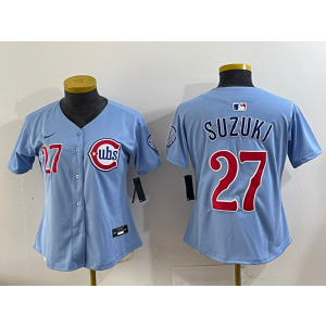 MLB Cubs 27 Seiya Suzuki Light Blue Nike Cool Base Youth Jersey