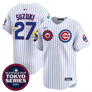 MLB Cubs 27 Seiya Suzuki White 2025 Tokyo Series Nike Cool Base Men Jersey