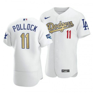 MLB Dodgers 11 A.J. Pollock White Gold Championship FlexBase Men Jersey