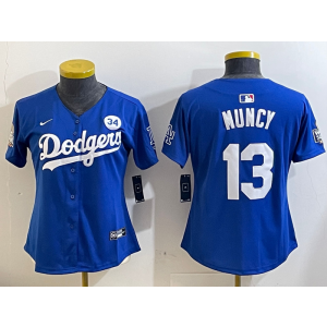 MLB Dodgers 13 Max Muncy Blue 2024 World Series Nike Cool Base Women Jersey with 34 Patch
