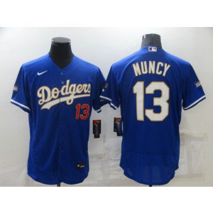 MLB Dodgers 13 Max Muncy Blue Gold Nike Cool Base Men Jersey