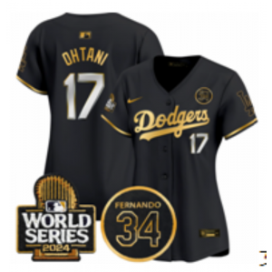 MLB Dodgers 17 Shohei Ohtani Black Gold 2024 World Series Nike Cool Base Women Jersey with 34 Patch