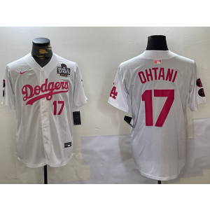 MLB Dodgers 17 Shohei Ohtani White Pink 2024 World Series Nike Cool Base Men Jersey