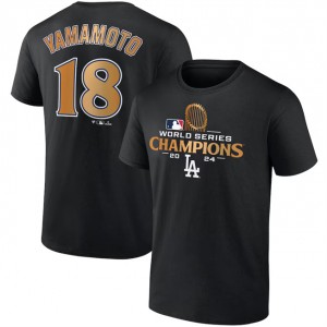 MLB Dodgers 18 Yoshinobu Yamamoto Black 2024 World Series Champions Name & Number T-Shirt