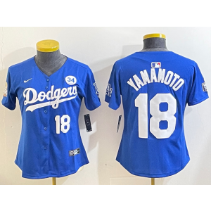 MLB Dodgers 18 Yoshinobu Yamamoto Blue 2024 World Series Nike Cool Base Women Jersey with 34 Patch
