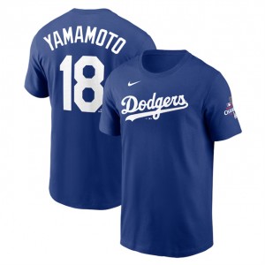 MLB Dodgers 18 Yoshinobu Yamamoto Royal 2024 World Series Champions Name & Number T-Shirt