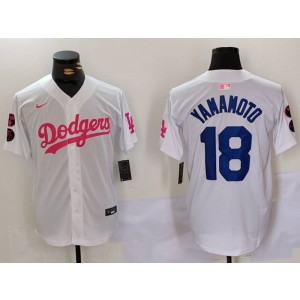 MLB Dodgers 18 Yoshinobu Yamamoto White Pink Nike Cool Base Men Jersey
