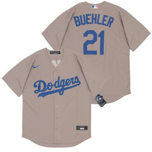 MLB Dodgers 21 Walker Buehler Grey 2020 Nike Cool Base Men Jersey