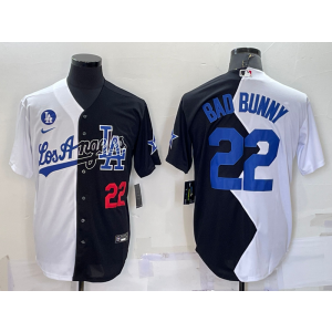 MLB Dodgers 22 Bad Bunny Black White Nike Cool Base Split Men Jersey