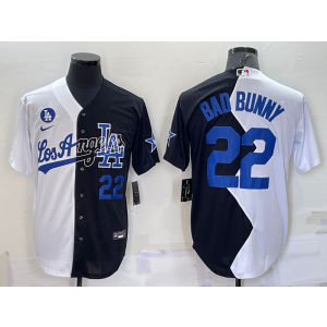 MLB Dodgers 22 Bad Bunny White Black Cool Base Split Men Jersey