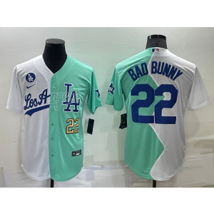 MLB Dodgers 22 Bad Bunny White Green Cool Base Split Men Jersey