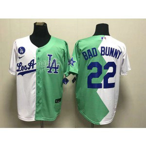 MLB Dodgers 22 Bad Bunny White Green Cool Base Split Men Jerseys