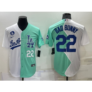 MLB Dodgers 22 Bad Bunny White Green Nike Cool Base Split Men Jersey