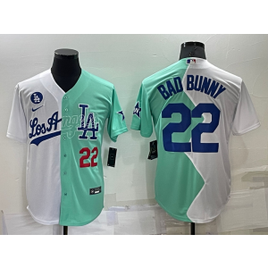 MLB Dodgers 22 Bad Bunny White Green Split Nike Cool Base Men Jersey
