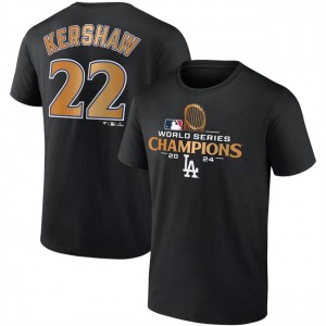 MLB Dodgers 22 Clayton Kershaw Black 2024 World Series Champions Name & Number T-Shirt