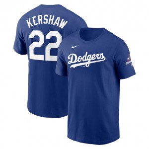 MLB Dodgers 22 Clayton Kershaw Royal 2024 World Series Champions Name & Number T-Shirt