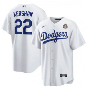 MLB Dodgers 22 Clayton Kershaw White 2024 World Series Nike Cool Base Men Jersey