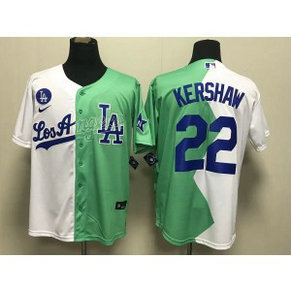 MLB Dodgers 22 Clayton Kershaw White Green Cool Base Split Men Jersey