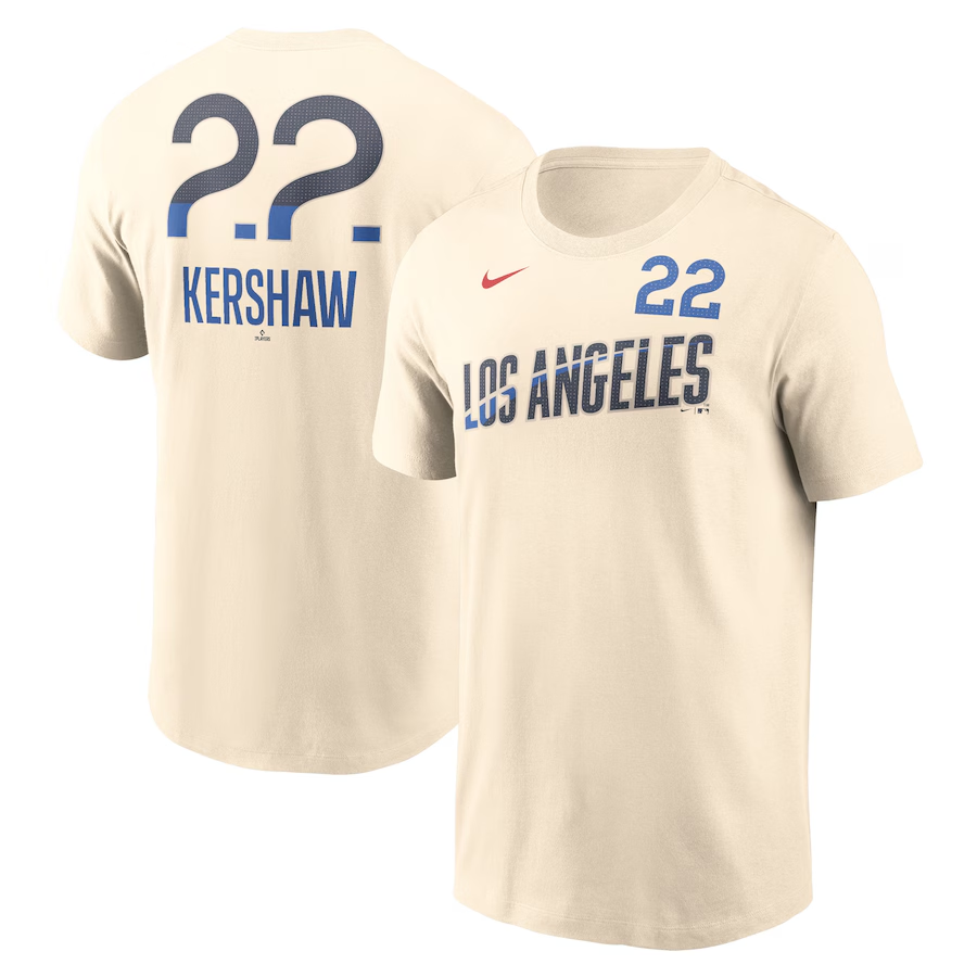 MLB Dodgers 22 Clayton Kershaw cream t-shirt