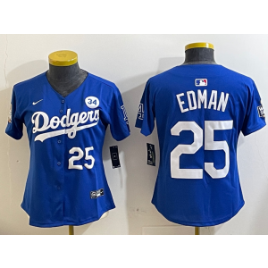 MLB Dodgers 25 Tommy Edman Blue 2024 World Series Nike Cool Base Women Jersey with 34 Patch