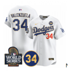 MLB Dodgers 34 Fernando Valenzuela White Gold 2024 World Series Nike Cool Base Men Jersey with 34 Patch MLB Dodgers 34 Fernando Valenzuela White Gold 2024 World Series Nike Cool Base Men Jersey with 34 Patch
