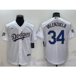 MLB Dodgers 34 Fernando Valenzuela White Gold Nike Cool Base Men Jersey