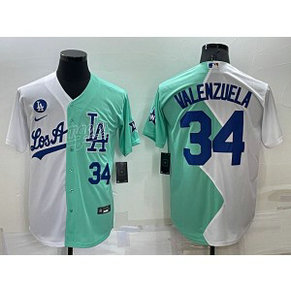 MLB Dodgers 34 Fernando Valenzuela White Green Cool Base Split Men Jersey