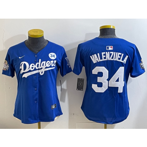 MLB Dodgers 34 Toro Valenzuela Blue 2024 World Series Nike Cool Base Women Jersey with 34 Patch