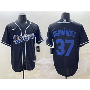 MLB Dodgers 37 Hernandez Black Blue Nike Cool Base Men Jersey