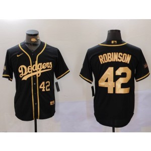 MLB Dodgers 42 Jackie Robinson Black Gold Nike Cool Base Men Jersey