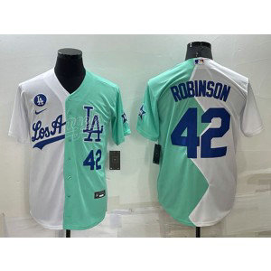 MLB Dodgers 42 Jackie Robinson White Green Cool Base Split Men Jersey