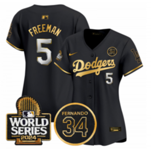 MLB Dodgers 5 Freddie Freeman Black Gold 2024 World Series Nike Cool Base Women Jersey with 34 Patch