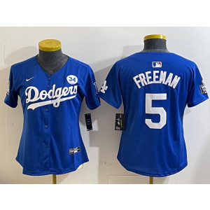 MLB Dodgers 5 Freddie Freeman Blue 2024 World Series Nike Cool Base Women Jersey with 34 Patch