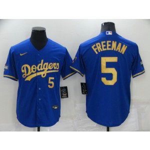 MLB Dodgers 5 Freddie Freeman Blue Gold Nike Cool Base Men Jersey