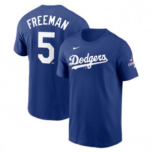 MLB Dodgers 5 Freddie Freeman Royal 2024 World Series Champions Name & Number T-Shirt