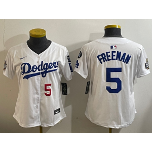 MLB Dodgers 5 Freddie Freeman White 2024 World Series Nike Cool Base Youth Jersey with 34 Patch