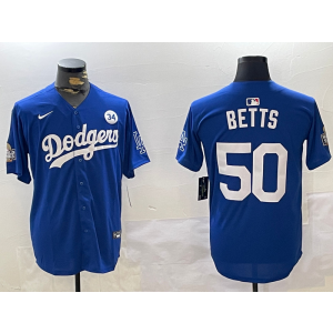 MLB Dodgers 50 Mookie Betts Blue 2024 World Series Nike Cool Base Men Jersey with 34 Patch